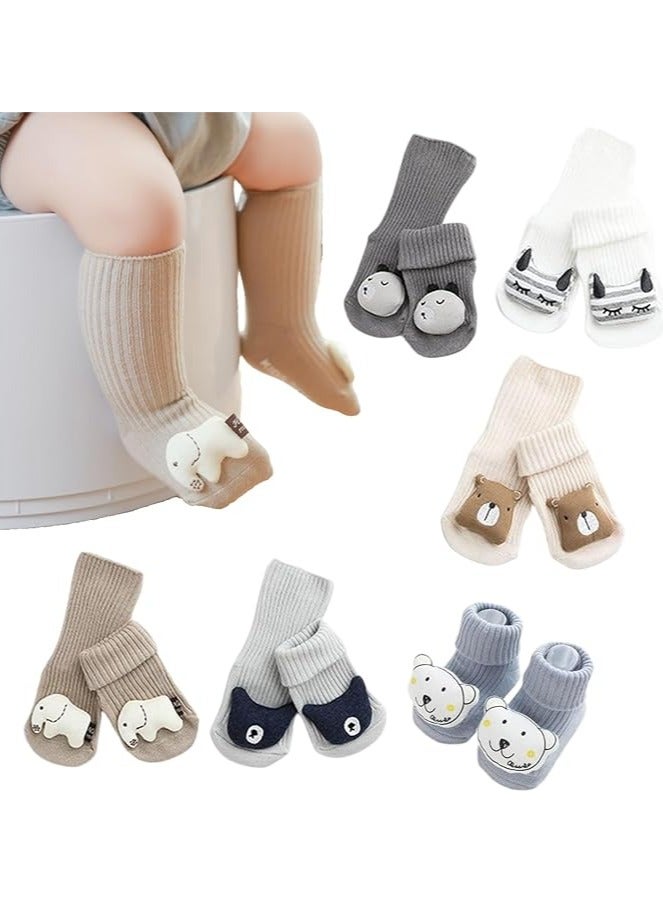 6-Pair Baby Girl Knee-High Socks, Toddler Newborn 3D Doll Indoor Pre-Walking Non-Slip Socks, Baby Cute Cartoon Pattern Knit Socks, Cotton Tube Leggings (0-6 Months) - Image 1