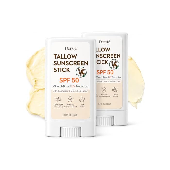 Dersie Tallow Sunscreen Stick SPF 50: Zinc Oxide Sun Balm + Whipped Tallow Moisturizer – Daily Sun Protection & Skin Barrier Repair for Face & Body – For Dry, Sensitive Skin 2 packs