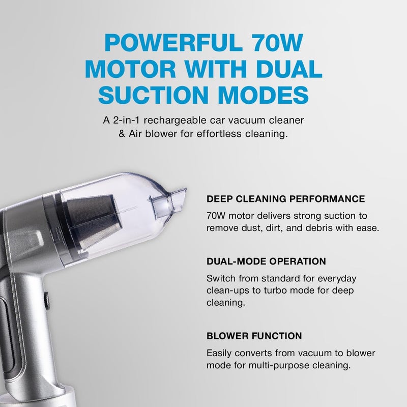 Blaupunkt مكنسة سيارة لاسلكية قابلة لإعادة الشحن - VC 5005 - GT | بطارية 5000mAh، تدعم الشحن من نوع-C | مستويان للشفط ومحرك 70W - Image 2