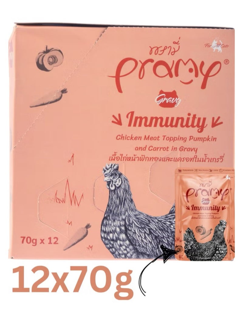 Pramy Cat Wet Food With Chicken, Pumpkin And Carrot In Gravy Flavor For All Life Stages- 12x70g - Immune-Boosting Wet Cat Food - Image 1