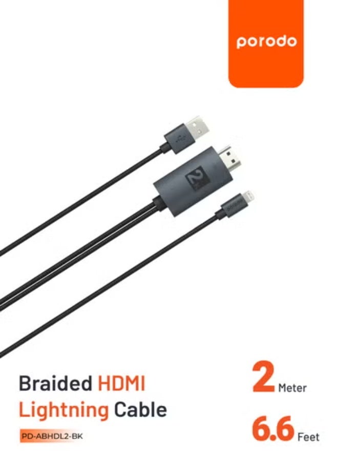 بورودو كابل محول Lightning إلى HDMI بدقة 2K (طول 2 متر)، سهل الاستخدام، سلك مضفر مع منفذ طاقة USB، دقة 2560×1440، يدعم البث والشحن المتزامن، متوافق مع أجهزة iOS، مناسب لأجهزة التلفزيون والشاشات وأجهزة العرض - أسود - Image 1