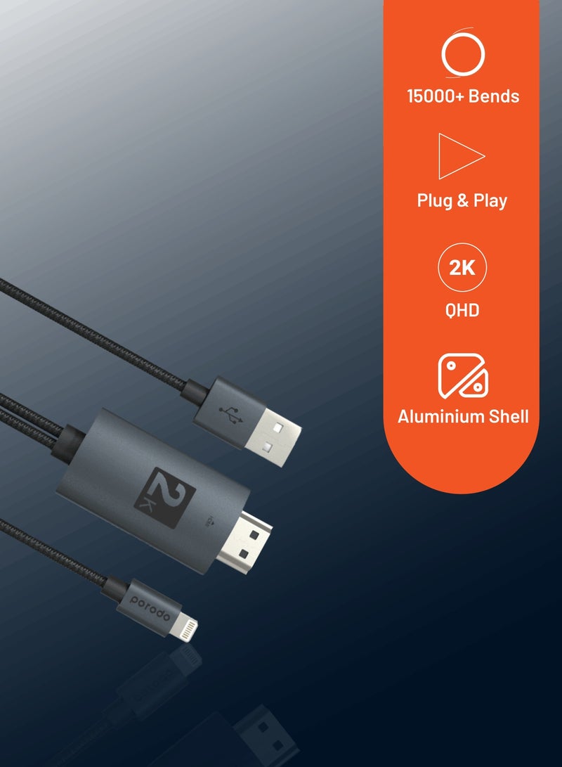 بورودو كابل محول Lightning إلى HDMI بدقة 2K (طول 2 متر)، سهل الاستخدام، سلك مضفر مع منفذ طاقة USB، دقة 2560×1440، يدعم البث والشحن المتزامن، متوافق مع أجهزة iOS، مناسب لأجهزة التلفزيون والشاشات وأجهزة العرض - أسود - Image 2