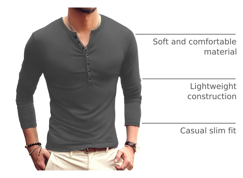 YTD Mens Casual Slim Fit Basic Henley Long Sleeve Fashion T-Shirt M Dark Gray - Image 4