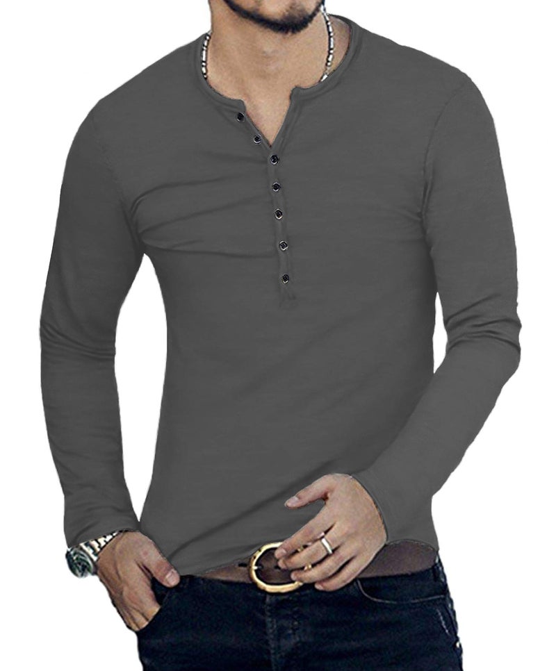 YTD Mens Casual Slim Fit Basic Henley Long Sleeve Fashion T-Shirt M Dark Gray - Image 3