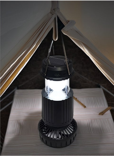 Camping Lantern with Fan, Solar Powered, 3-in-1  Lantern, Fan and Power Bank – Adjustable LED Light, Rechargeable Battery, and Compact Design for Outdoor Adventures