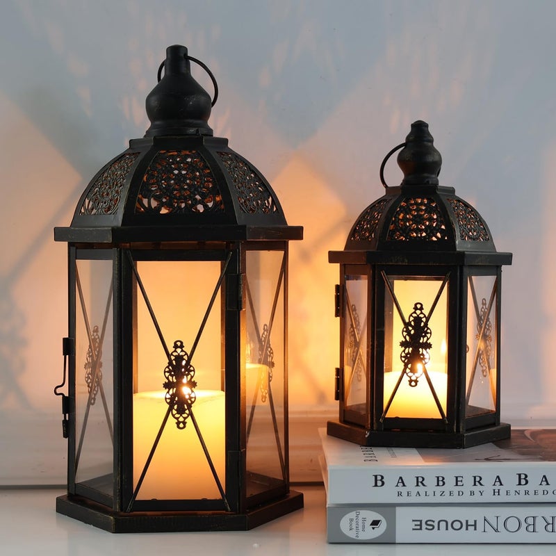 DECORKEY Large Lantern Decorative Outdoor & Indoor, Set of 2 (15â€™â€™&10â€™â€™) Metal Candle Lanterns Decor, Vintage Hanging Candle Holder for Front Porch Patio Wedding Farmhouse Home, Spring Decoration - Image 2