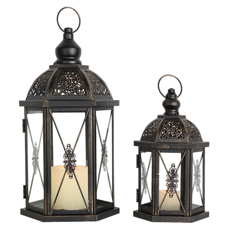 DECORKEY Large Lantern Decorative Outdoor & Indoor, Set of 2 (15â€™â€™&10â€™â€™) Metal Candle Lanterns Decor, Vintage Hanging Candle Holder for Front Porch Patio Wedding Farmhouse Home, Spring Decoration - Image 1