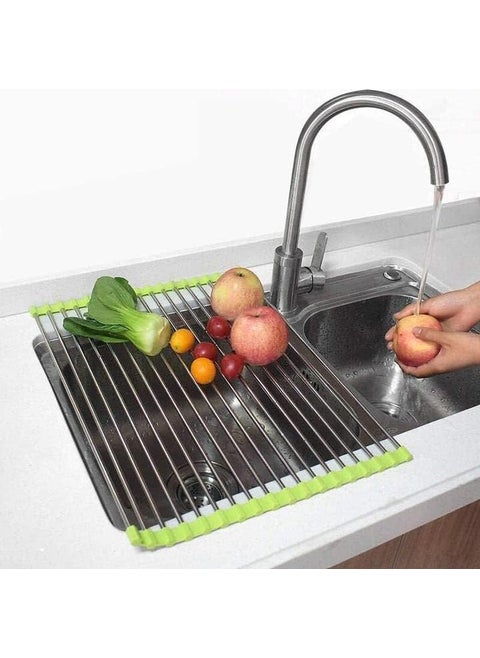 Shrux Multipurpose Rollup Dish Drying Rack Over The Sink Mat Stainless Steel Adjustable Folding Rolling Dish Drainer Organizer RackFruitVegetable StrainerDrainer Steel Road mat 18 X 175
