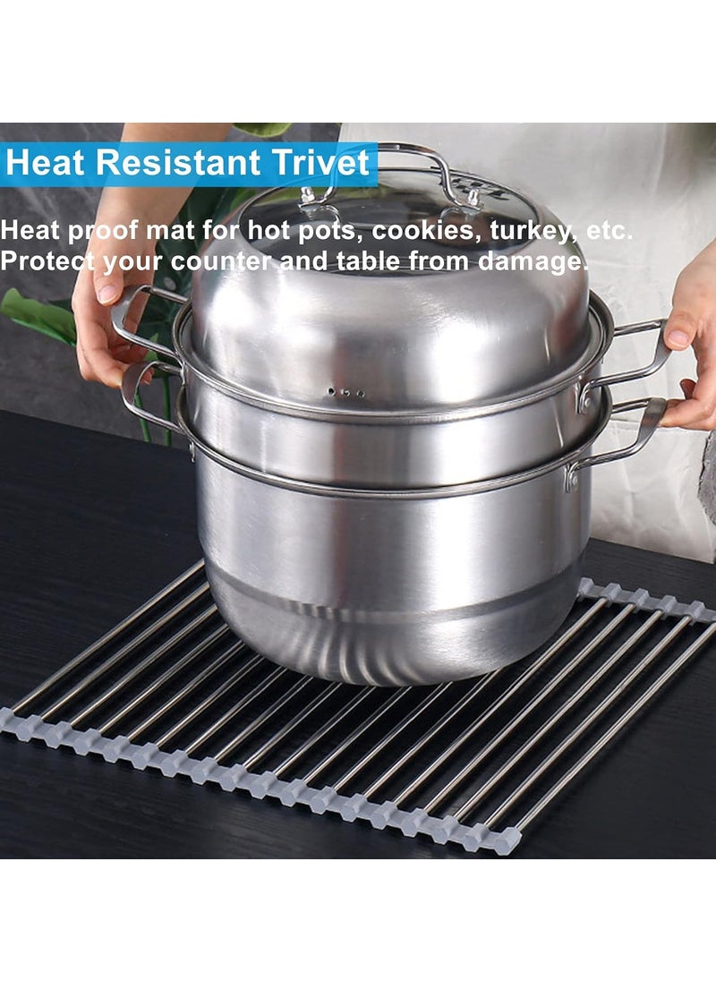 Shrux Multipurpose Rollup Dish Drying Rack Over The Sink Mat Stainless Steel Adjustable Folding Rolling Dish Drainer Organizer RackFruitVegetable StrainerDrainer Steel Road mat 18 X 175