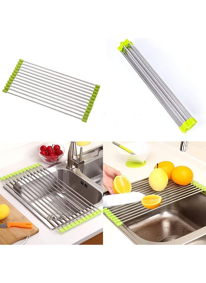 Shrux Multipurpose Rollup Dish Drying Rack Over The Sink Mat Stainless Steel Adjustable Folding Rolling Dish Drainer Organizer RackFruitVegetable StrainerDrainer Steel Road mat 18 X 175