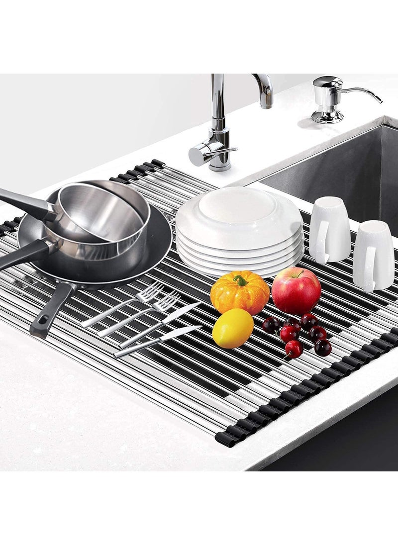 Shrux Multipurpose Rollup Dish Drying Rack Over The Sink Mat Stainless Steel Adjustable Folding Rolling Dish Drainer Organizer RackFruitVegetable StrainerDrainer Steel Road mat 18 X 175
