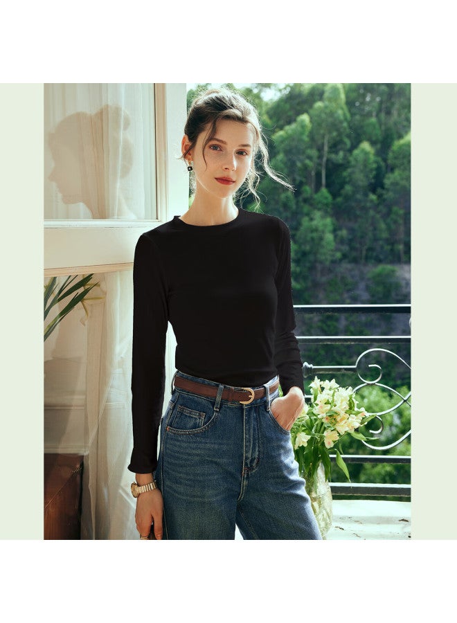 Olrain Long-sleeve Base Layer T-shirt For Women, Round Neck, Slim Fit, Inner Wear Or Outer Wear, White (second Batch), Size S