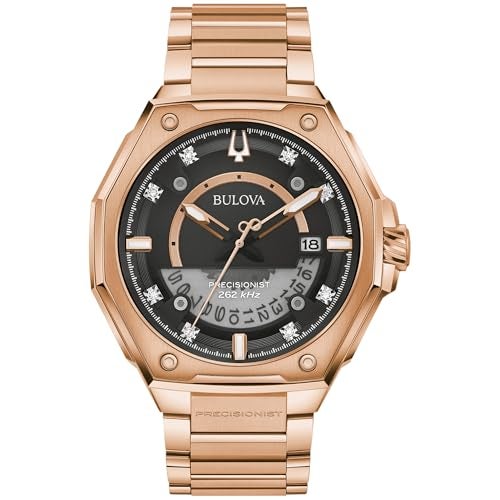 Bulova Mens Series X Rose Gold Stainless Steel Watch Black and White Unidirectional Rotating Bezel Gray Silicone Strap White Dial Style98B407 - Image 1