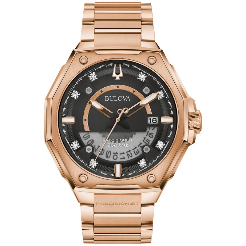 Bulova Mens Series X Rose Gold Stainless Steel Watch Black and White Unidirectional Rotating Bezel Gray Silicone Strap White Dial Style98B407 - Image 2