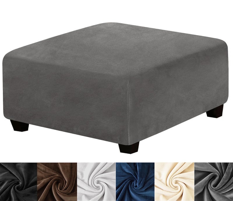 HFCNMY Stretch Velvet Ottoman Cover  Thick Slipcover Washable Dark Gray For Living Room Foot Stool