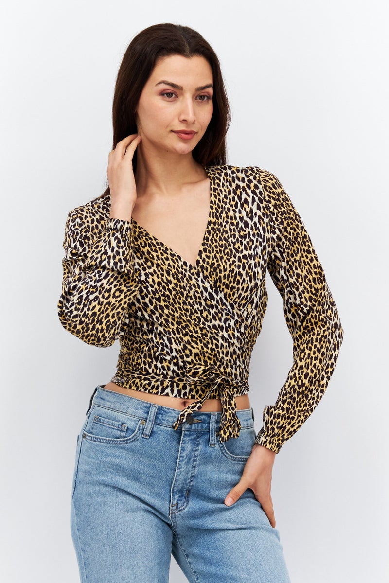 Levi's Women Split Neck Long Sleeve Animal Print Wrap Top, Brown  - Image 1