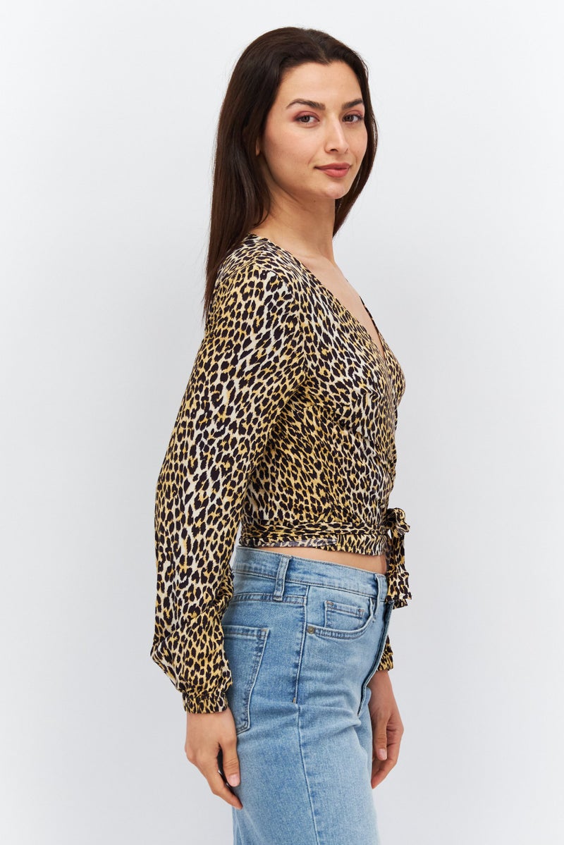 Levi's Women Split Neck Long Sleeve Animal Print Wrap Top, Brown  - Image 2