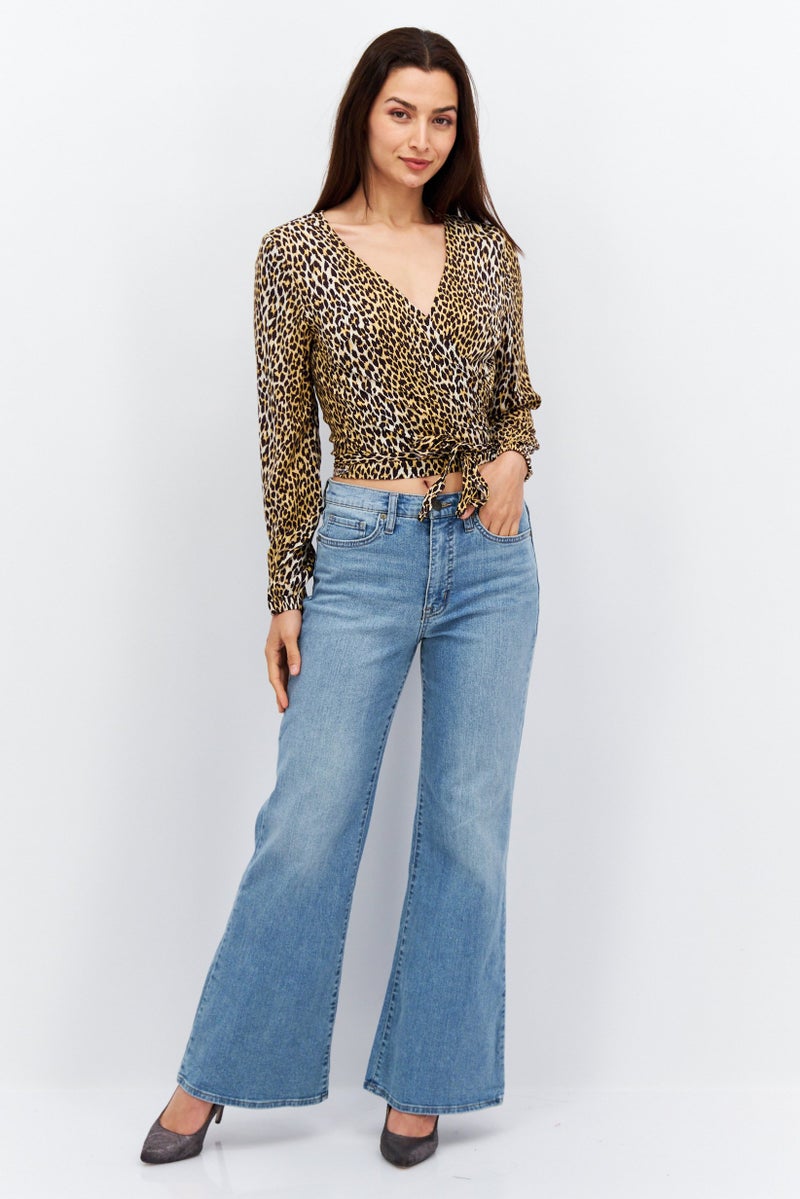Levi's Women Split Neck Long Sleeve Animal Print Wrap Top, Brown  - Image 3