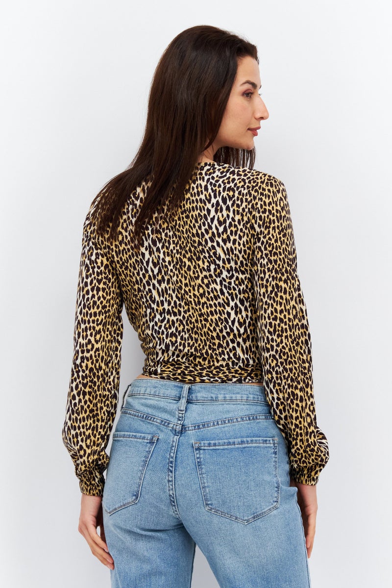 Levi's Women Split Neck Long Sleeve Animal Print Wrap Top, Brown  - Image 4