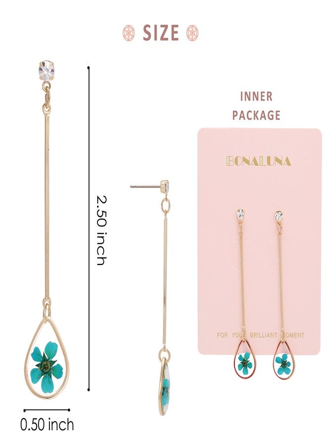 BONALUNA Pressed Flower Yellow Gold Plated Tear Dangle With Cubic Zirconia Titanium Post Back Earrings - Image 4