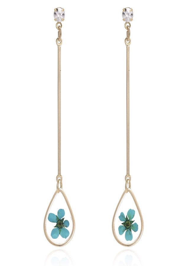 BONALUNA Pressed Flower Yellow Gold Plated Tear Dangle With Cubic Zirconia Titanium Post Back Earrings - Image 1