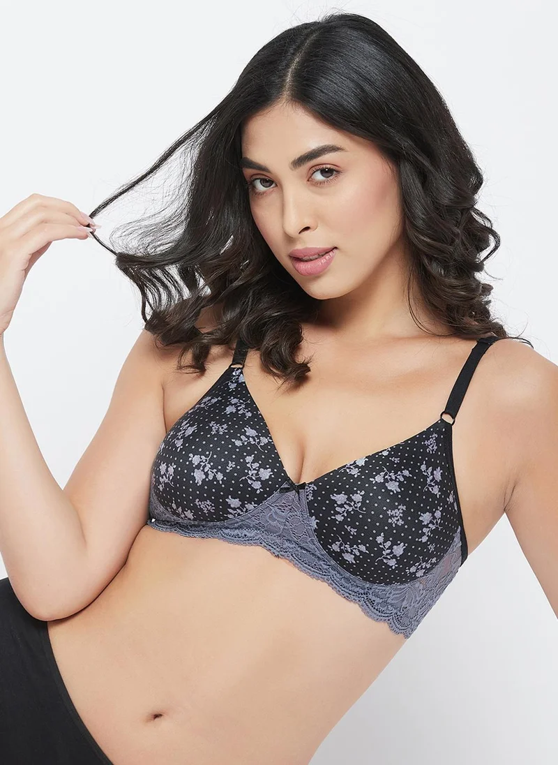Clovia Clovia Padded Non-Wired Full Cup Printed T-shirt Bra in Black - Lace