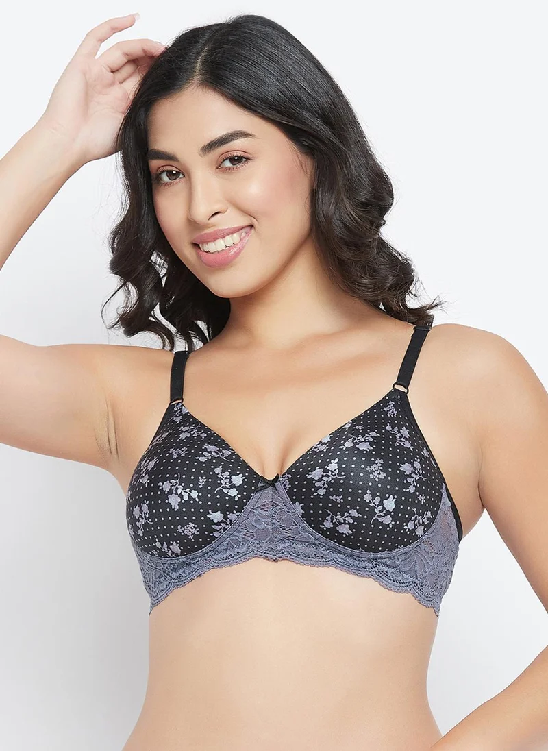 Clovia Clovia Padded Non-Wired Full Cup Printed T-shirt Bra in Black - Lace