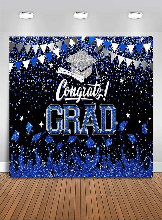 Mocsicka Graduation Party Decorations 2023 Congrats Grad Backdrops for Photography Bachelor Cap Congratulations Grad Photo Backdrop Graduation Prom Party Supplie (Blue and Silver, 7x5ft (82x60 inch)) - Image 1