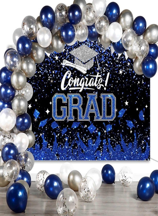 Mocsicka Graduation Party Decorations 2023 Congrats Grad Backdrops for Photography Bachelor Cap Congratulations Grad Photo Backdrop Graduation Prom Party Supplie (Blue and Silver, 7x5ft (82x60 inch)) - Image 3