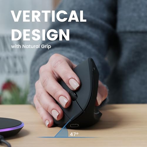 Perixx PERIMICE713RX Wireless Rechargeable Vertical Mouse Duo Wired and Wireless Charging Feature Charging Pad Included 6 Buttons Design Black RightHanded Design - Image 3