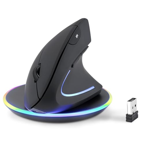 Perixx PERIMICE713RX Wireless Rechargeable Vertical Mouse Duo Wired and Wireless Charging Feature Charging Pad Included 6 Buttons Design Black RightHanded Design - Image 1