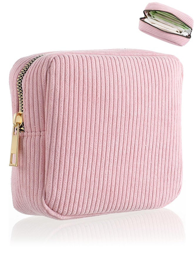 Quantum Sanitary Napkin Storage Bag, Cute Corduroy Sanitary Napkin Storage Bag with Zipper, Mini Makeup Bag Coin Purse Wallets with Zipper for Women (Pink) - Image 1