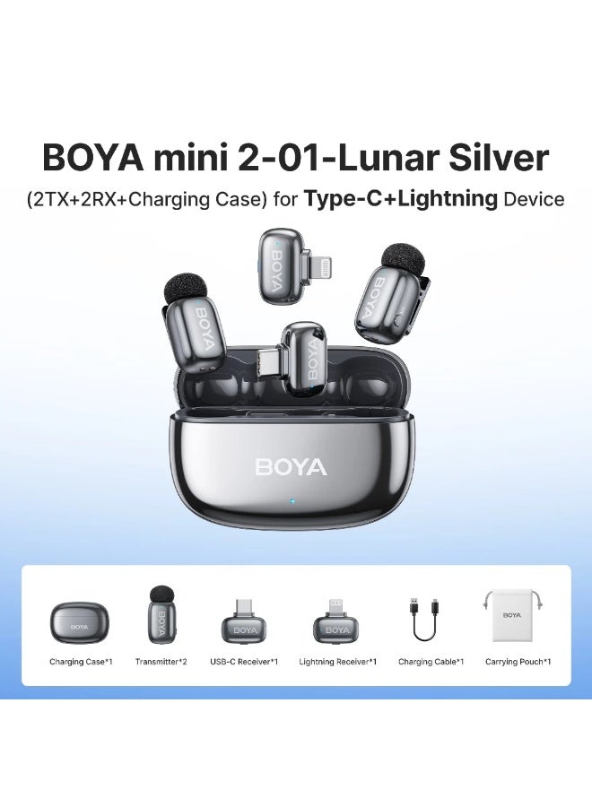 BOYA Mini 2 2-in-1 Wireless Lavalier Microphone for iPhone (Lightning) & USB-C Devices (iPhone 15/16/17 & Android), Dual Clip-On Mic, AI Noise Cancellation, 30H Battery, Plug & Play, for Video Recording, Podcast & Vlog, Includes Charging Case, 2 TX, USB-C & Lightning Receivers – Lunar Silver - Image 2