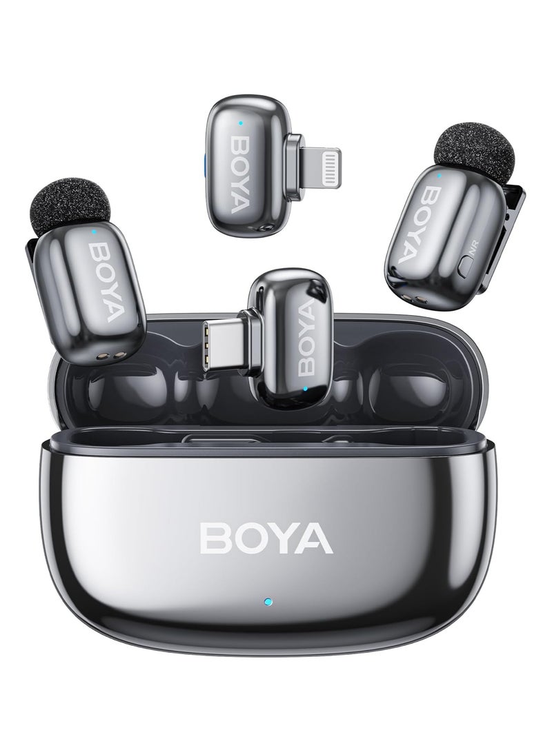 BOYA Mini 2 2-in-1 Wireless Lavalier Microphone for iPhone (Lightning) & USB-C Devices (iPhone 15/16/17 & Android), Dual Clip-On Mic, AI Noise Cancellation, 30H Battery, Plug & Play, for Video Recording, Podcast & Vlog, Includes Charging Case, 2 TX, USB-C & Lightning Receivers – Lunar Silver - Image 1