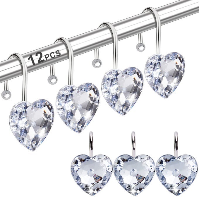 SHOWER CURTAIN HOOKS RINGS FOR BATHROOM 12PCS HEART STAINLESS STEEL RUST RESISTANT DECORATIVE RHINESTONES SHOWER CURTAIN RINGS HANGERS FOR SHOWER CURTAINS SINGLE HOOK CLEAR