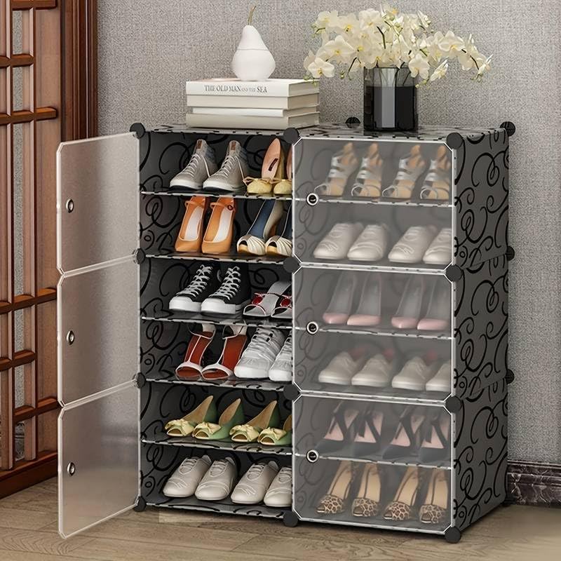Zemic Shoe Rack DIY Portable Shoe Rack OrganizerMultiPurpose Shelf Storage Cabinet Stand Expandable for Heels Boots Slippers Plastic Portable and Folding Shoe Rack 12Shelf6Door Black