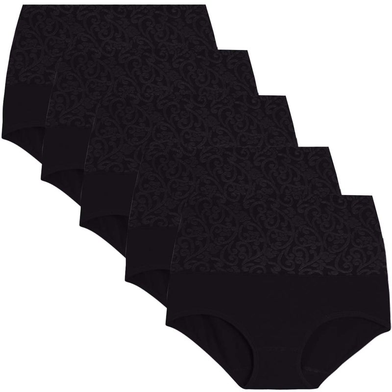 YaShaer Womens Cotton Underwear High Waisted Tummy Control Panties Full Coverage Briefs Jacquard Ladies Panty 5 Pack Black L