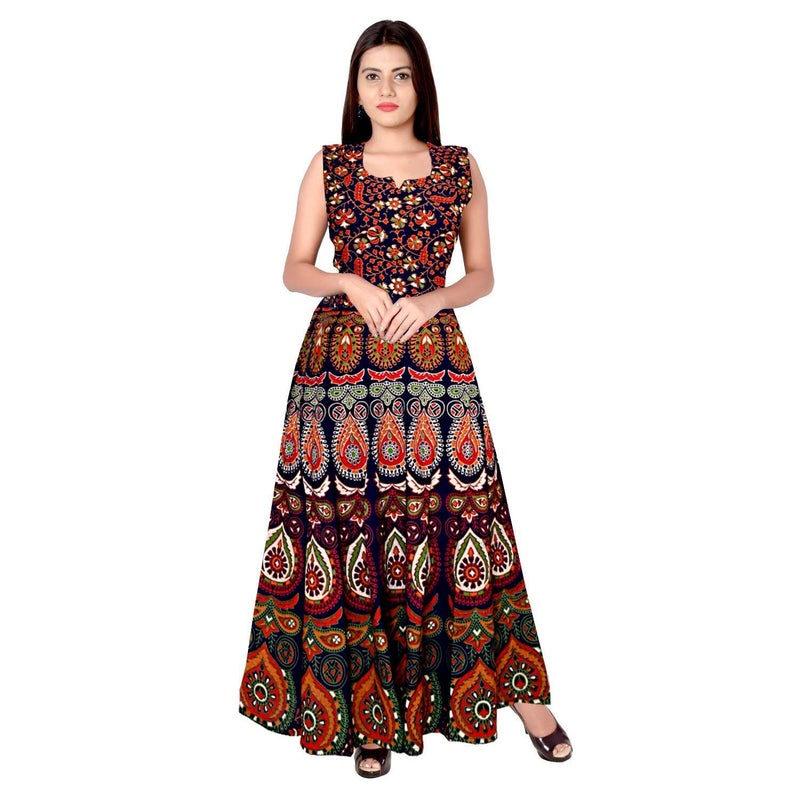 Monique Women's Traditional Rajasthani Printed Midi Maxi Dress Orange, Free Size - Image 5