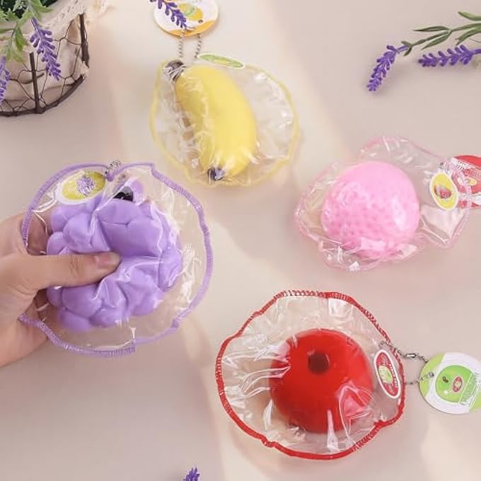 Anboor 4 Pieces Fruit Squeeze Toys, Ultra Soft Banana Strawberry Grape Apple Squeeze Toys Stress Relief Toys for Kids and Adults, Birthday Gift for Autistic - Image 3