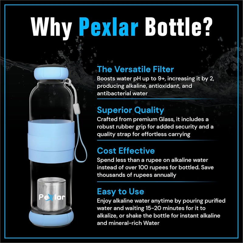 Pexlar Alkaline Water Filter Bottle Borosilicate Glass Alkaline Water Generator Blue 500 ml - Image 3