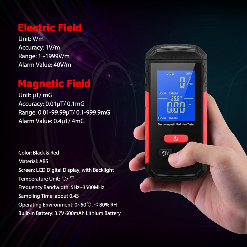 مقياس إشعاع إلكترومغناطيسي رقمي (مقياس EMF) مع مصباح خلفي شاشة LCD، محمول، لاستكشاف وإشعار إشعاع الحقل الكهربائي والمغناطيسي، بوضع متوسط/ذروة، قابلة لإعادة الشحن، للاجهزة المنزلية والمكاتب والصناعة - Image 4