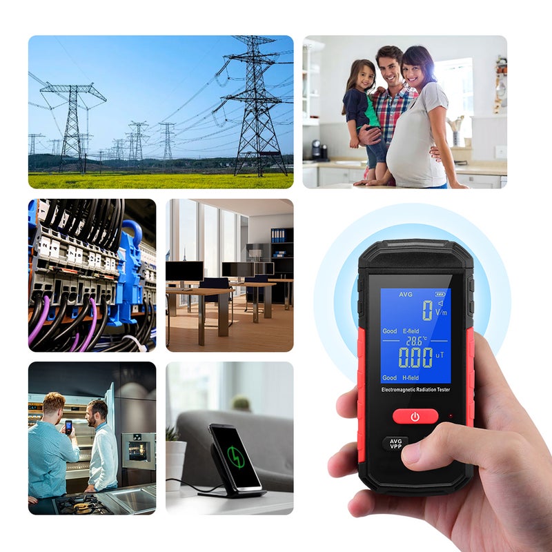 مقياس إشعاع إلكترومغناطيسي رقمي (مقياس EMF) مع مصباح خلفي شاشة LCD، محمول، لاستكشاف وإشعار إشعاع الحقل الكهربائي والمغناطيسي، بوضع متوسط/ذروة، قابلة لإعادة الشحن، للاجهزة المنزلية والمكاتب والصناعة - Image 2