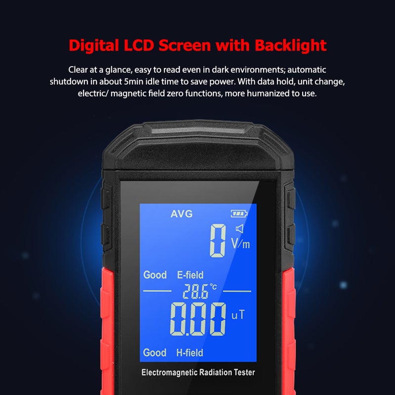 مقياس إشعاع إلكترومغناطيسي رقمي (مقياس EMF) مع مصباح خلفي شاشة LCD، محمول، لاستكشاف وإشعار إشعاع الحقل الكهربائي والمغناطيسي، بوضع متوسط/ذروة، قابلة لإعادة الشحن، للاجهزة المنزلية والمكاتب والصناعة - Image 5
