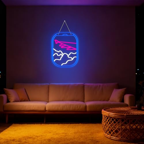 WLHOPE Airplane Window View Neon Signs Blue Pink LED Neon Sign for Wall Decor, USB Plane Window Clouds Neon Light Up Signs for Bedroom Living Room Game Room Office Shop Airport Wall Art Decor - Image 4