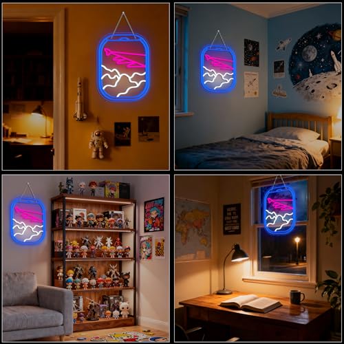 WLHOPE Airplane Window View Neon Signs Blue Pink LED Neon Sign for Wall Decor, USB Plane Window Clouds Neon Light Up Signs for Bedroom Living Room Game Room Office Shop Airport Wall Art Decor - Image 2