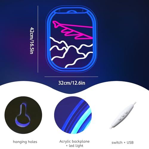 WLHOPE Airplane Window View Neon Signs Blue Pink LED Neon Sign for Wall Decor, USB Plane Window Clouds Neon Light Up Signs for Bedroom Living Room Game Room Office Shop Airport Wall Art Decor - Image 3