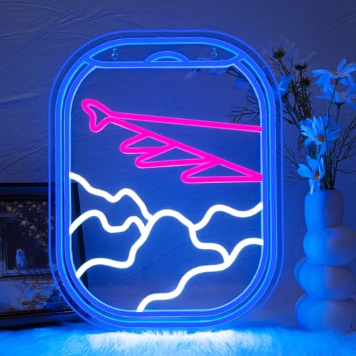 WLHOPE Airplane Window View Neon Signs Blue Pink LED Neon Sign for Wall Decor, USB Plane Window Clouds Neon Light Up Signs for Bedroom Living Room Game Room Office Shop Airport Wall Art Decor - Image 1