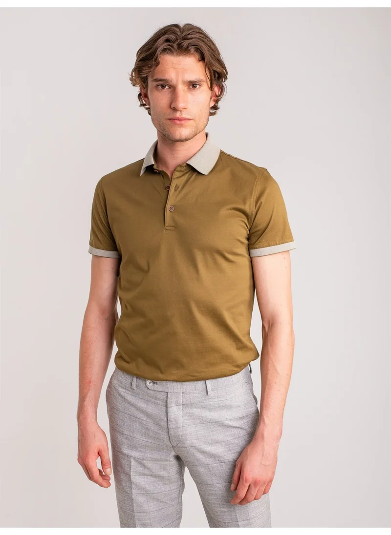 Dufy Khaki Men's Slim Fit Polo Neck Tshirt