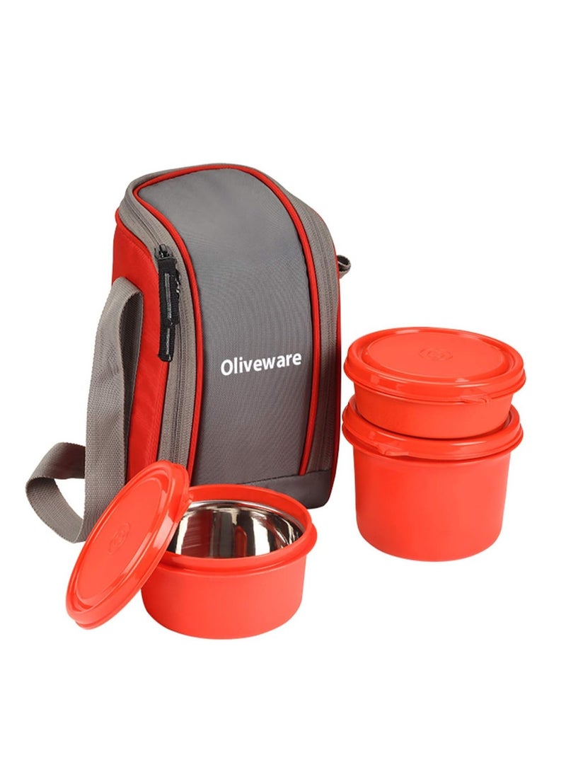 oliveware Boss Lunch Box - Red | Steel Range | Microwave Safe & Leak Proof | 3 Air-Tight Containers with Bag | Keep Food Hot | School, College & Office Use  - Image 1