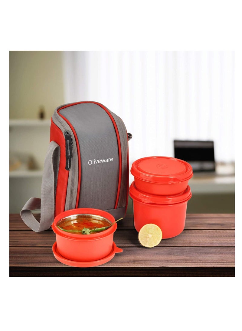 oliveware Boss Lunch Box - Red | Steel Range | Microwave Safe & Leak Proof | 3 Air-Tight Containers with Bag | Keep Food Hot | School, College & Office Use  - Image 3